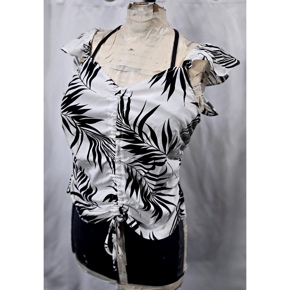 Milk & Honey Palm Leaf Print Tie Front Ruffle Sleeve Top Black White Womens Sz S